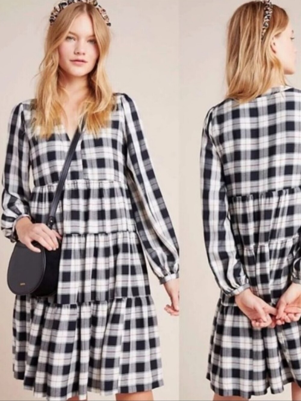 Anthropologie Maeve Black & Cream Plaid Tiered Long-Sleeve Summer Dress Size S